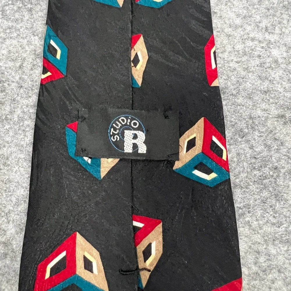 Studio R Men's Tie Black‎ Red Blue 100% Silk Hand Finished Made in USA Necktie